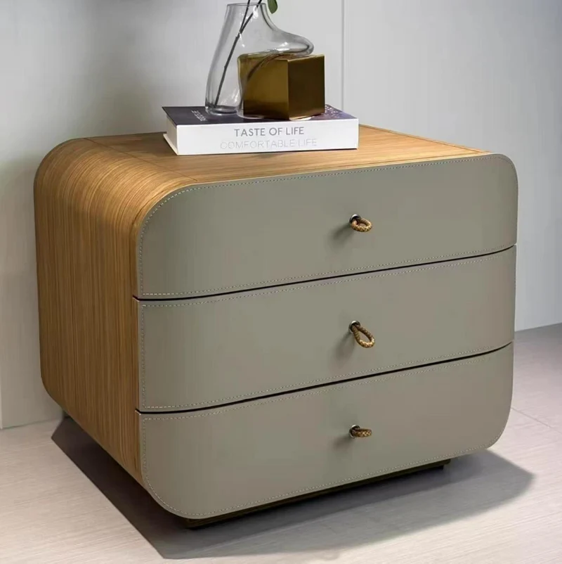 Modern Minimalist E1 MDF Frame Walnut Veneer Nightstand With 3 Drawers Soft Round Edge Bedside Table
