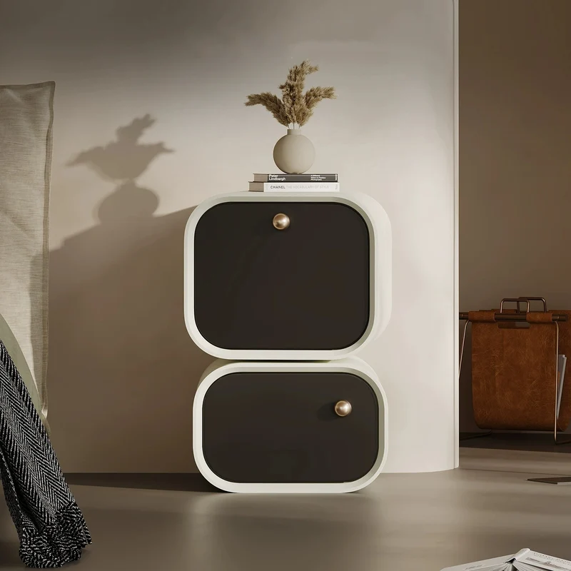 Modern Minimalist Rotatable Nightstand With Dual-Size Drawers E1 Eco-Friendly MDF & Plywood Rounded Corners For Bedroom Storage