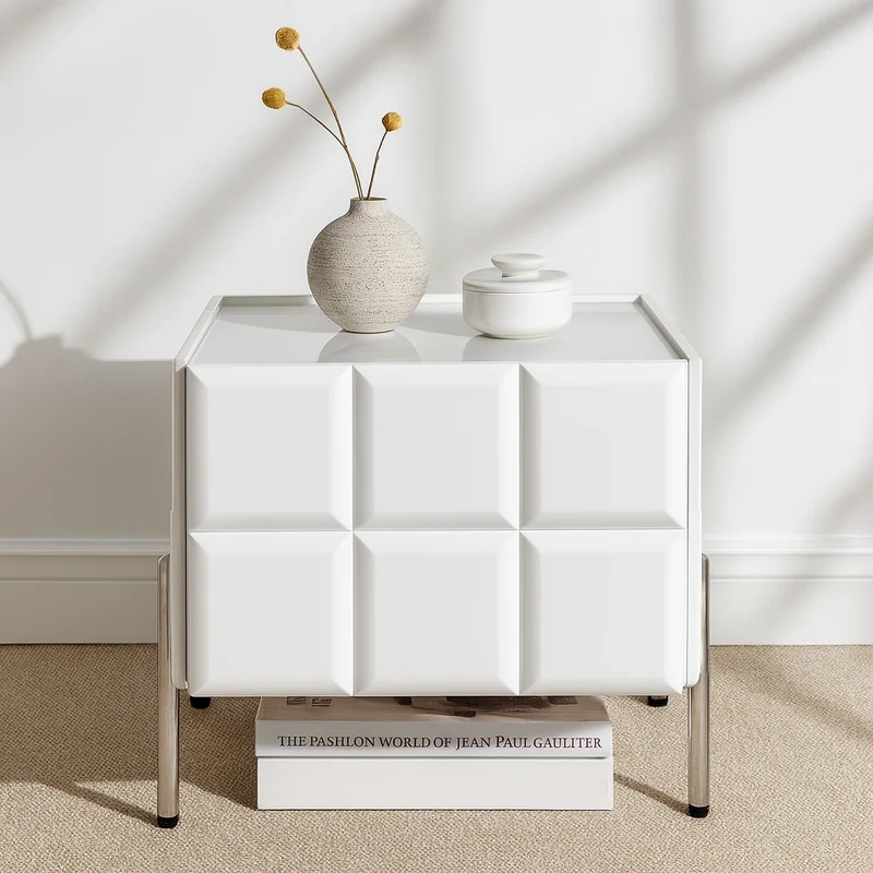 Modern Minimalist Rectangular Nightstand With Dual Drawers Slate Stone Top Plywood Body Stainless Steel Legs For Bedroom