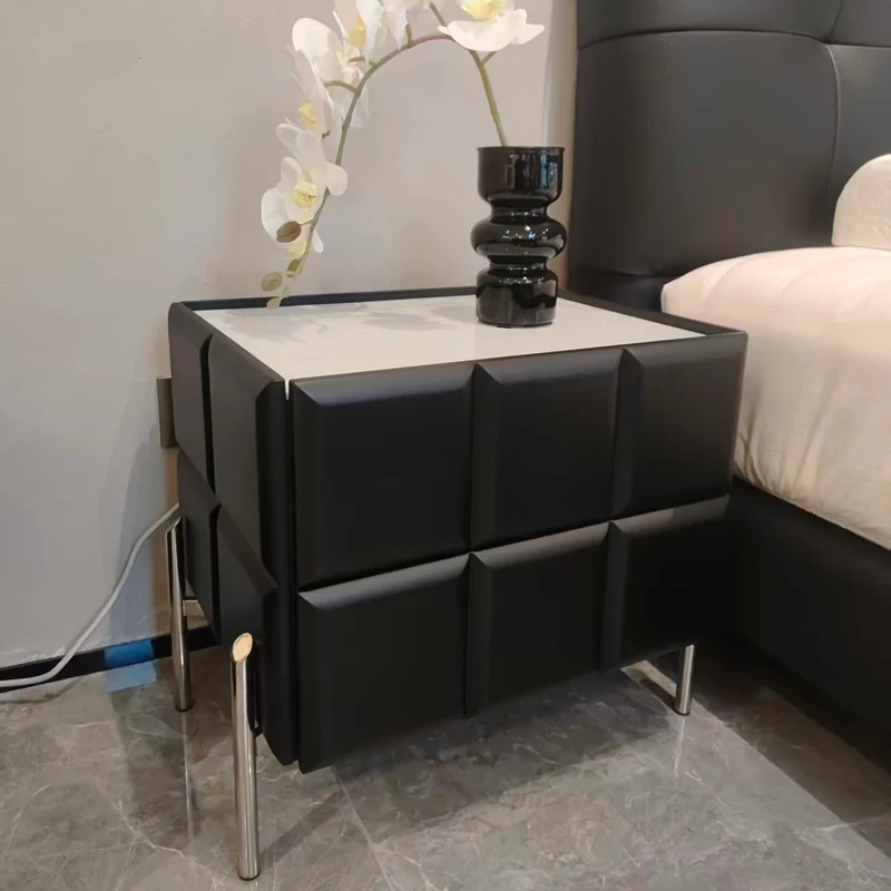Modern Minimalist Rectangular Nightstand With Dual Drawers Slate Stone Top Plywood Body Stainless Steel Legs For Bedroom