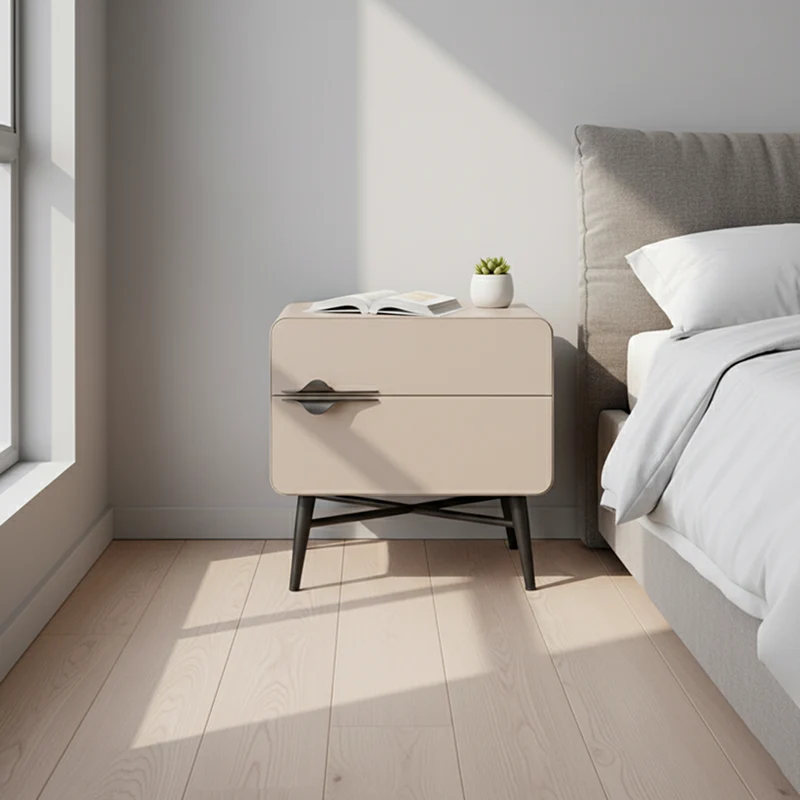 Soft-Hued Nordic Nightstand - Baking Paint Finish Integrated Metal Handle Bedside Table 2-Drawer For Bedroom