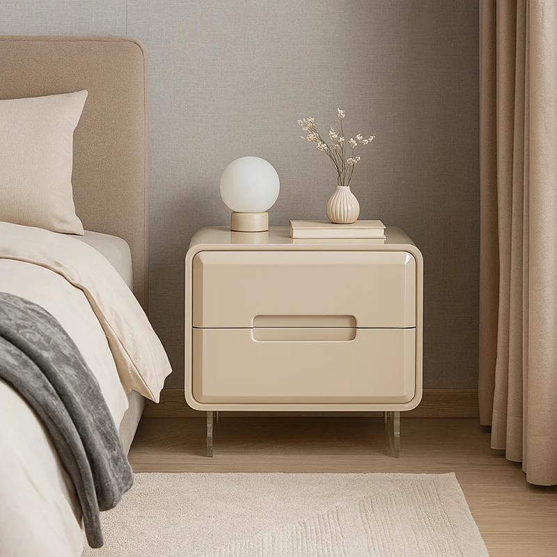 Contemporary Scandinavian Soft Beige 2-Drawer Storage Nightstand - Rounded Corner Design Clear Acrylic Legs Bedside Table For Bedroom