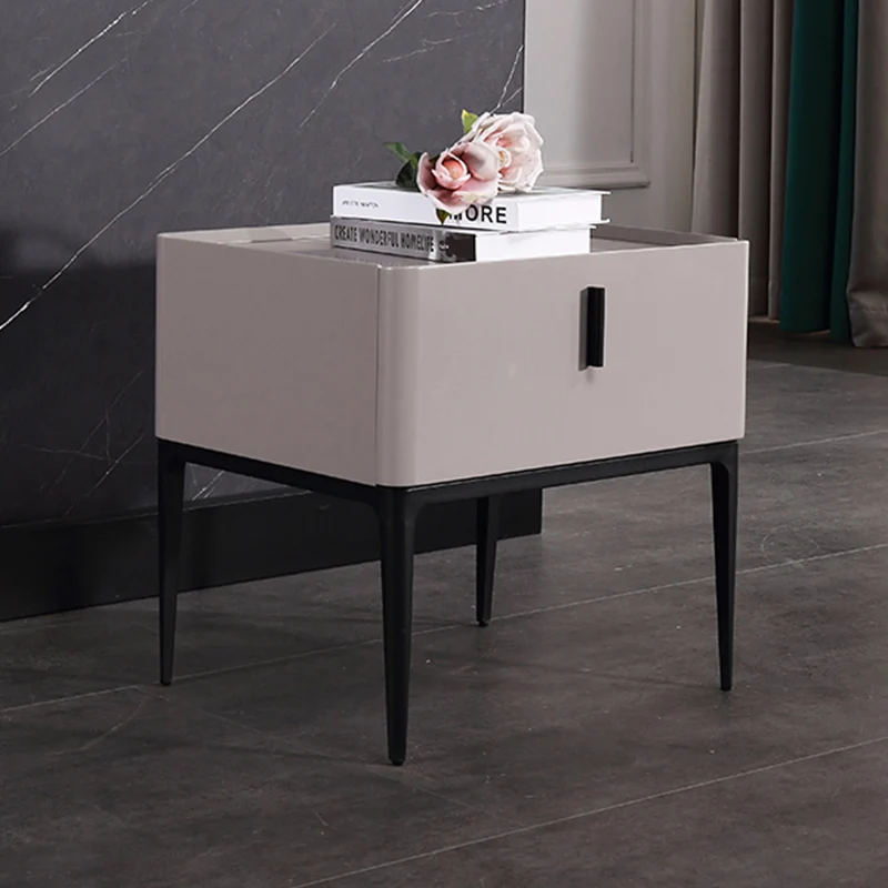 Contemporary Scandinavian Bedside Table - Square Beige 1-Drawer Storage Nightstand For Bedroom