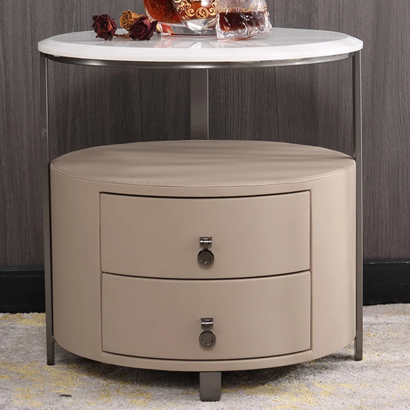 Modern Luxury Round 2-Drawer Storage Nightstand, Light Brown Faux Leather Stone Slab Top Bedside Table For Bedroom