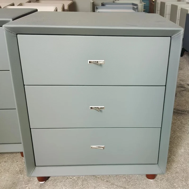 Contemporary Scandinavian Dusty Blue 3-Drawer Nightstand - Matte Faux Leather Bedside Table Minimalist Storage Cabinet For Bedroom