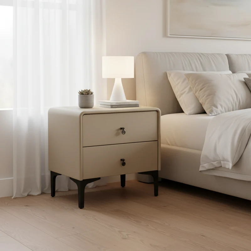 Contemporary Scandinavian Storage Nightstand - Cream Faux Leather Dual Drawer Bedside Table For Bedroom