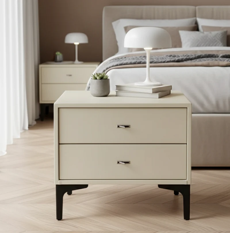 Contemporary Cream White Bedside Table With Dual Drawers - Scandinavian Faux Leather Nightstand For Modern Bedroom