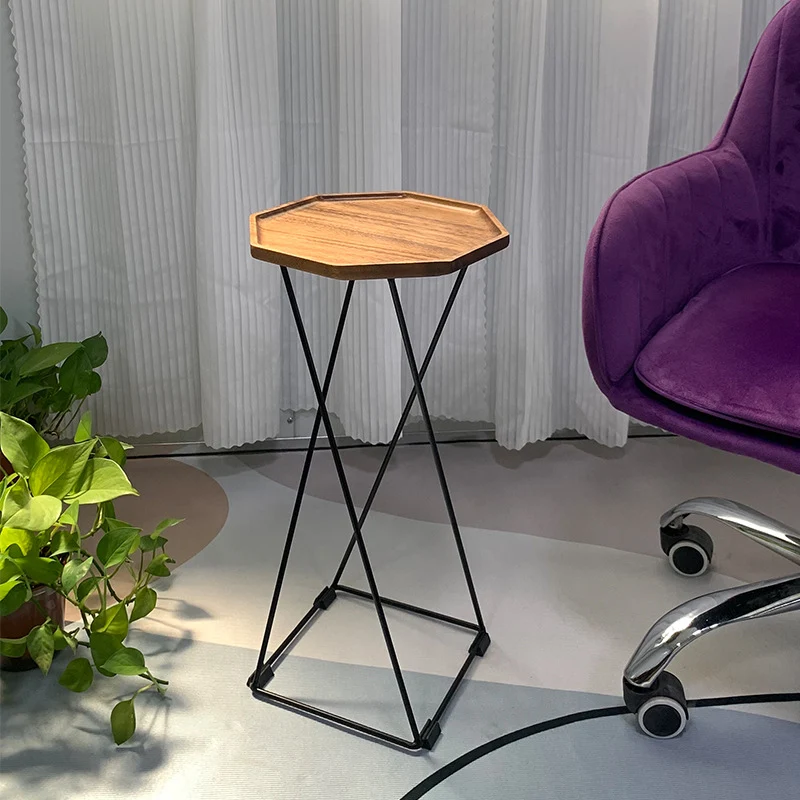 Modern Minimalist Octagonal Solid Wood Iron Side Table 4 -Leg Sturdy For Living Room