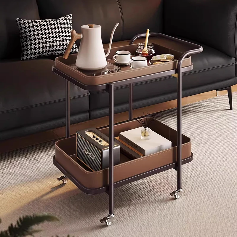 Traditional Vintage Saddle-Style Faux Leather Carbon Steel Metal Rounded Square Side Table With 2-Tier For Living Room
