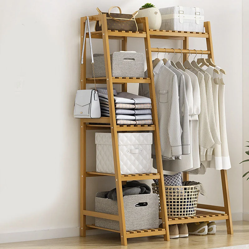 Modern Coat Rack Solid Wood Double Hooks Clothes Hanger with Storage Shelving