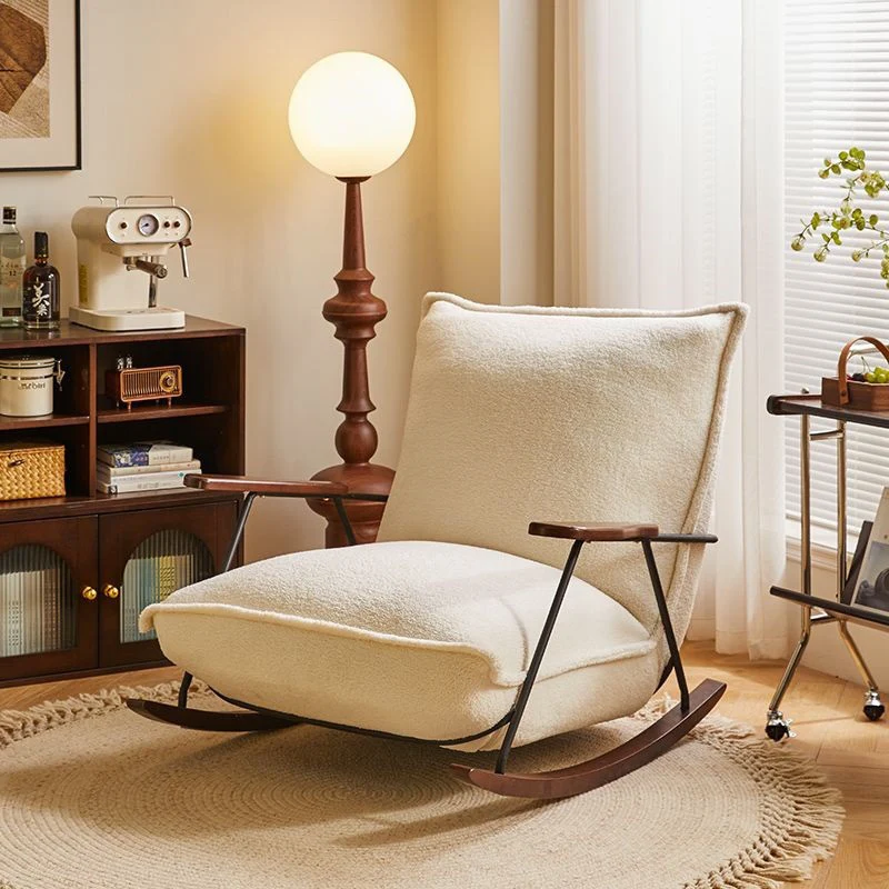 Traditional Vintage Teddy Fleece Rubber Wood Carbon Steel Curved Square Rocking Chair With Backrest Armrests For Living Room