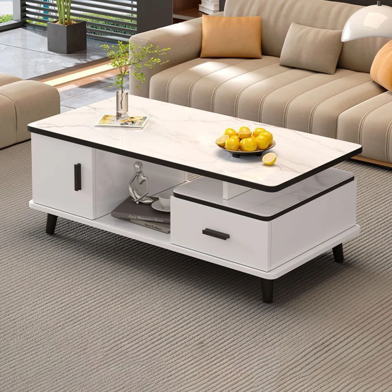 Contemporary Scandinavian Rectangle MDF Glass Low Coffee Table 1-Drawer For Living Room