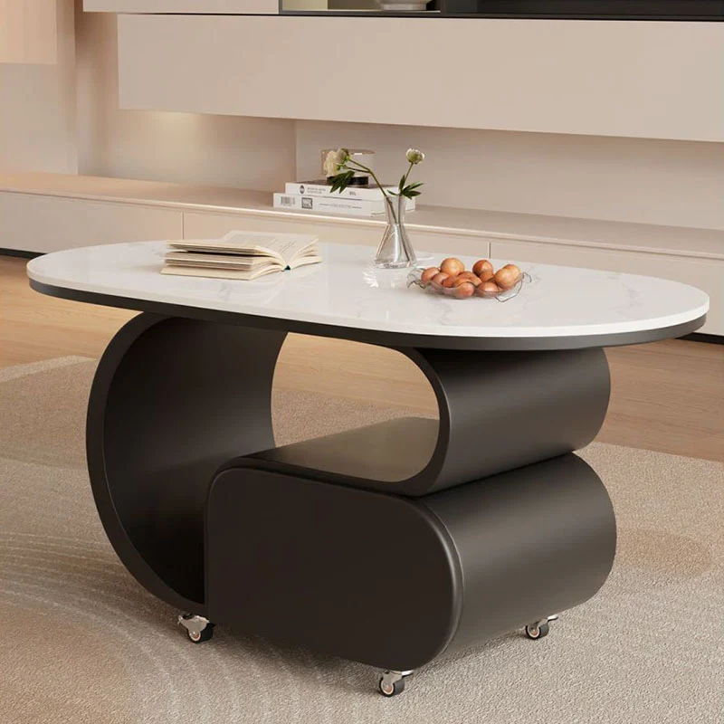 Contemporary Nordic Movable Oval Eco-Friendly Engineered Wood Rock Slab Carbon Steel Hardware Coffee Table 1-Drawer For Living Room