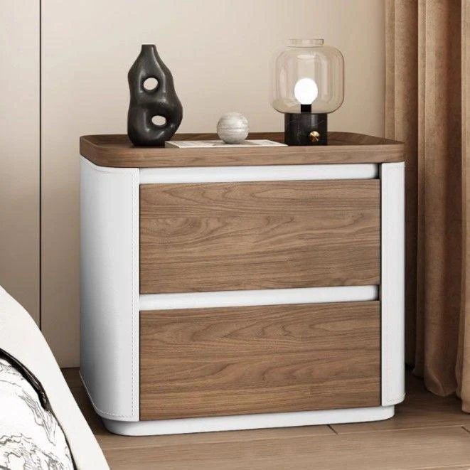 Modern Minimalist Rectangular Plywood Pine Wood Saddle-Style Faux Leather Nightstand 2-Drawer For Bedroom