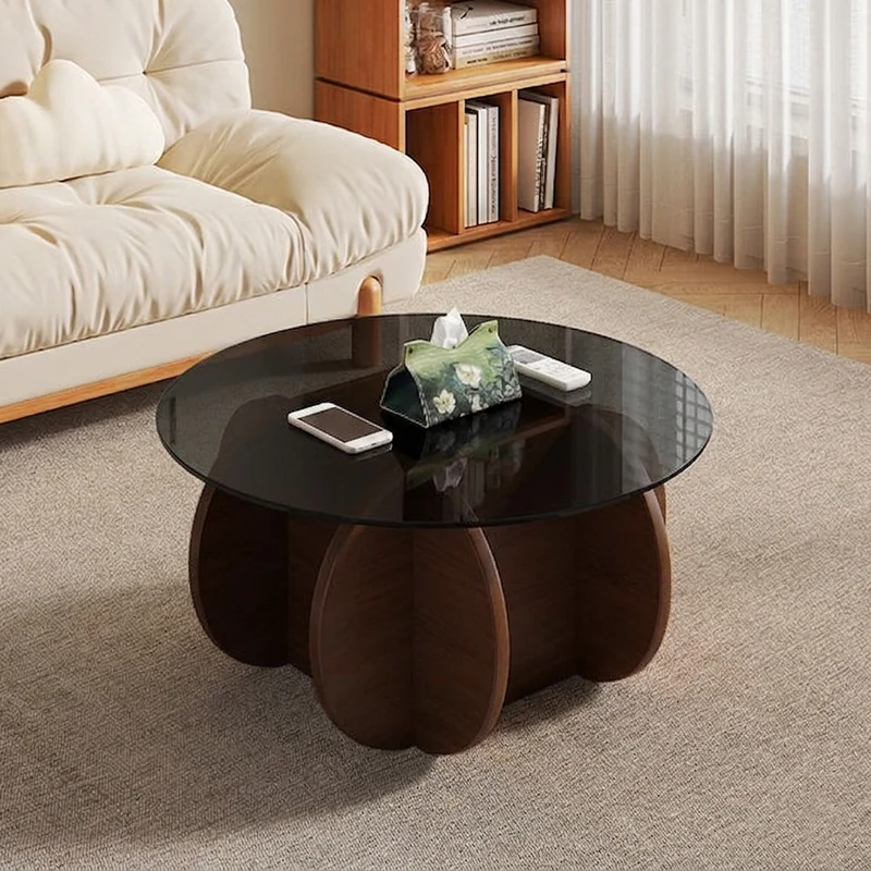 Modern Minimalist Round Solid Wood Glass Coffee Table For Living Room