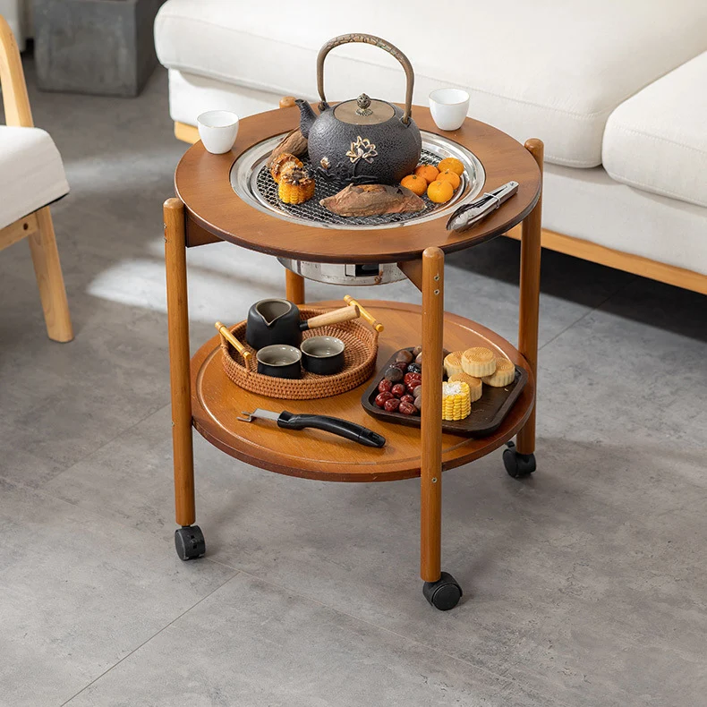 Traditional Chinese Round Nan Bamboo Stainless Steel Charcoal Grilling Barbecue Movable Coffee Table 2-Tier For Living Room
