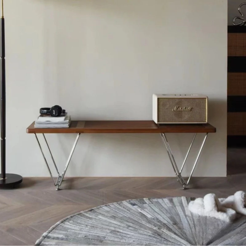 Traditional Vintage Rectangular Plywood Electroplated Iron Shoe Bench For Entryways