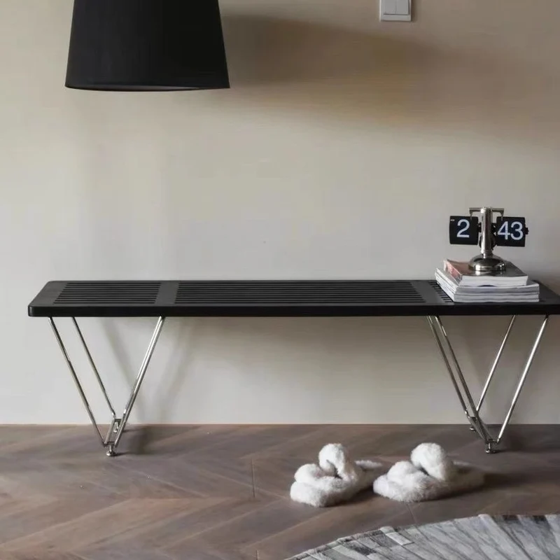 Traditional Vintage Rectangular Plywood Electroplated Iron Shoe Bench For Entryways