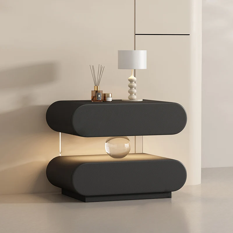 Modern Minimalist Rectangular Oval Plywood Pine Cat Scratch Leather Acrylic Crystal Sensor Light Nightstand 2-Drawer Bedroom