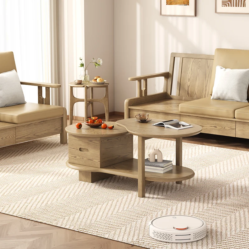 Premium Ash Wood Creative Coffee Table - Staggered Layers & Invisible Slide Drawer 3-Tier For Living Room