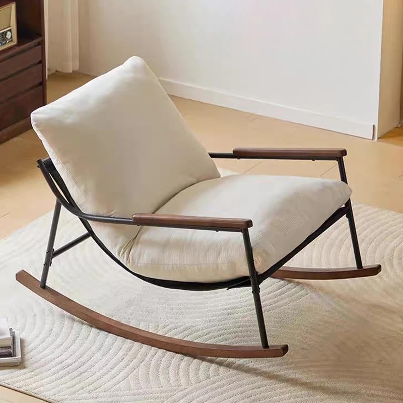 Contemporary Scandinavian Corduroy Solid Wood Curved Square Rocking Chair With Armrest Backrest For Living Room