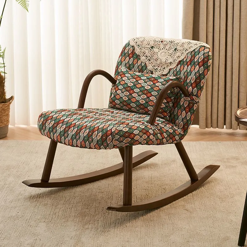 Traditional Japanese Linen Rubberwood Iron Rounded Square Rocking Chair With Armrest Backrest For Living Room