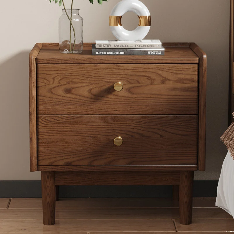 Traditional Chinese Ash Wood Metal Square-Cylinder Nightstand With 2 Drawers For Bedroom