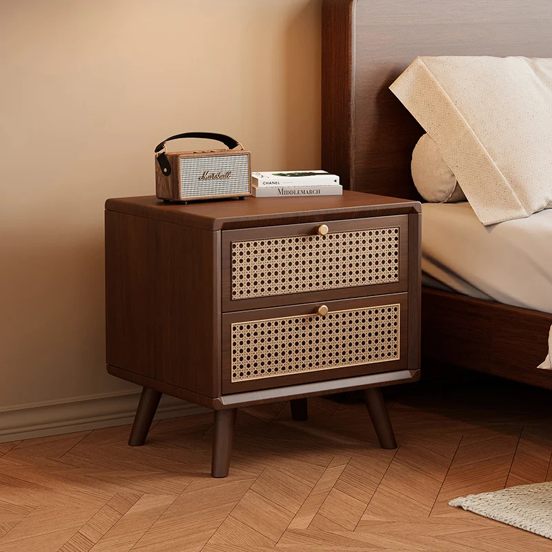 Traditional Chinese Rubberwood Metal Rounded-Square Nightstand With 2 Drawers For Bedroom
