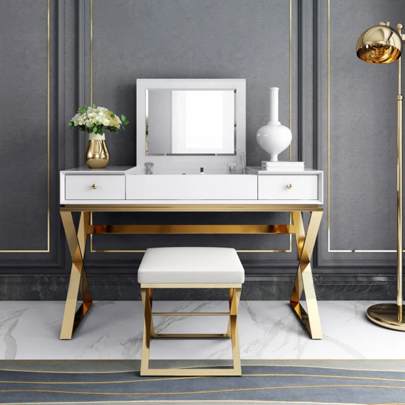 Contemporary White With Stool Mirror Bedroom Metallic Make-up Vanity