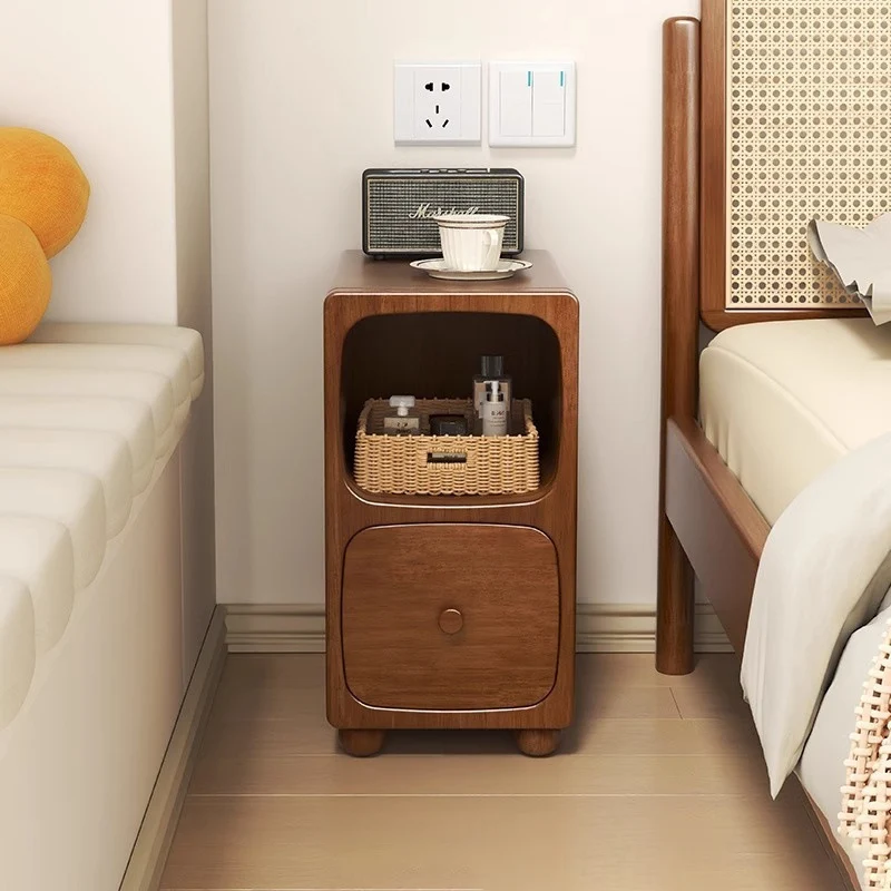 Traditional Vintage Solid Wood & Metal Rectangular Curved Nightstand With 1 Drawer For Bedroom