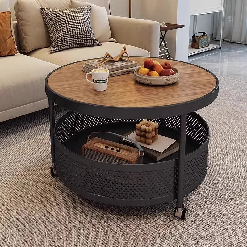 Contemporary Scandinavian Metal Slab Movable Round Side Table With 2 Tiers For Living Room