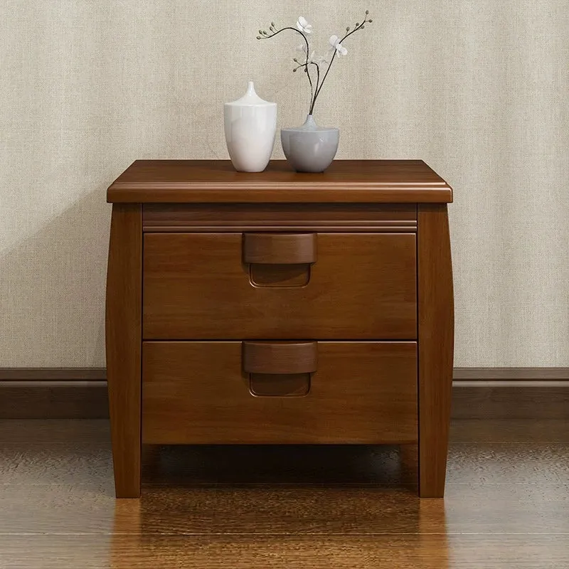 Traditional Chinese Square Rectangular Rubberwood Plywood Nightstand 2-Drawer For Bedroom