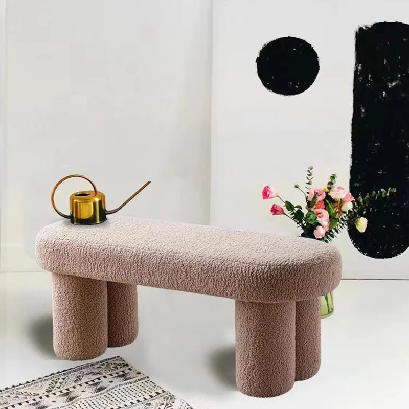 Modern Minimalist Round Rectangular Solid Wood Sherpa Fabric Sponge Bench For Living Room