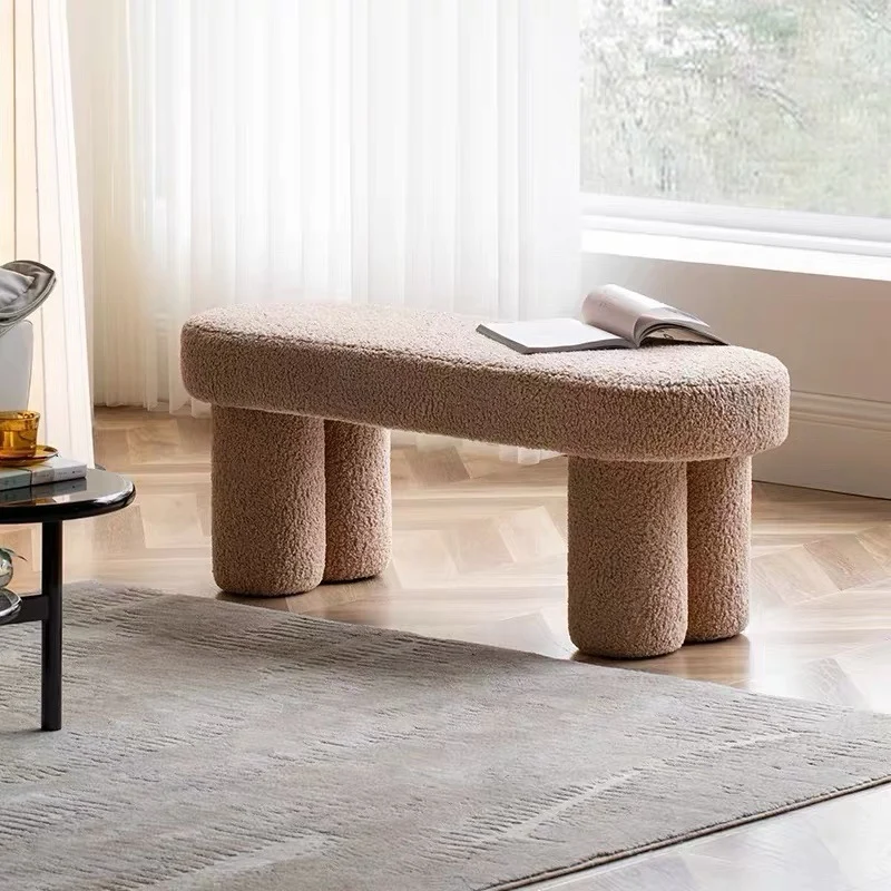 Modern Minimalist Round Rectangular Solid Wood Sherpa Fabric Sponge Bench For Living Room