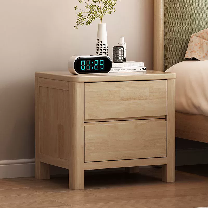 Contemporary Nordic Square Rectangular Pine Wood Rubberwood Plywood Lockable Nightstand 2-Drawer For Bedroom