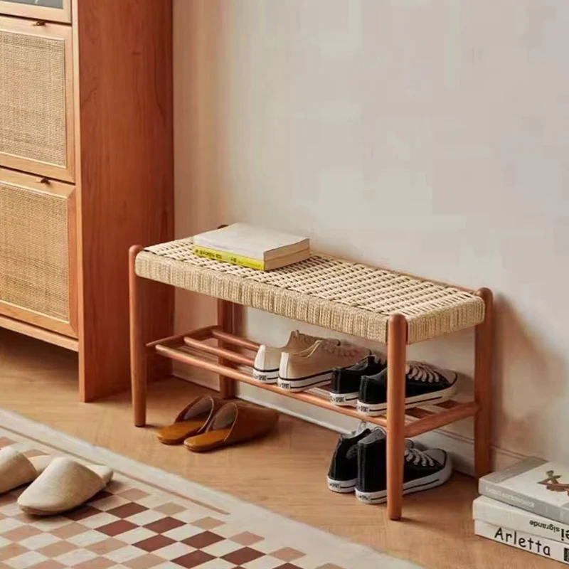 Traditional Japanese Rectangular Kraft Paper Cord Cherry Wood Weaving Bench 2-Tier For Living Room