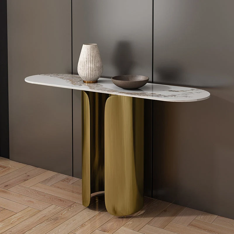 Glam Oval Console Accent Table with Stainless Steel Bracket for Hall