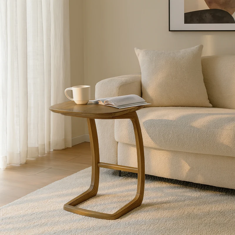 Solid North American Ash Wood C-Shaped Sofa Side Table - Modern Minimalist Coffee & Snack Table