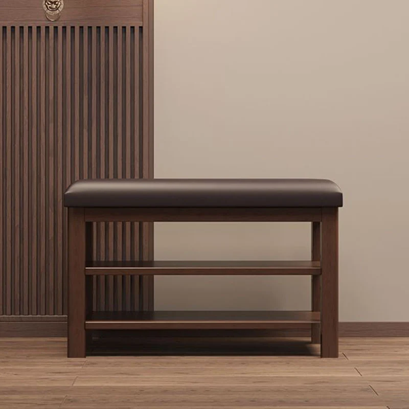 Traditional Chinese Faux Leather Solid Wood MDF Rounded Rectangle Shoe Bench 2-Tier For Living Room