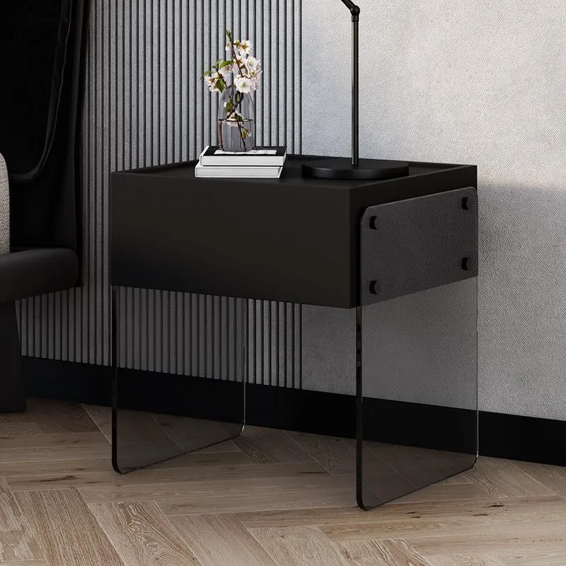 Modern Minimalist Rectangular Glass Particle Board Nightstand 1-Drawer For Bedroom