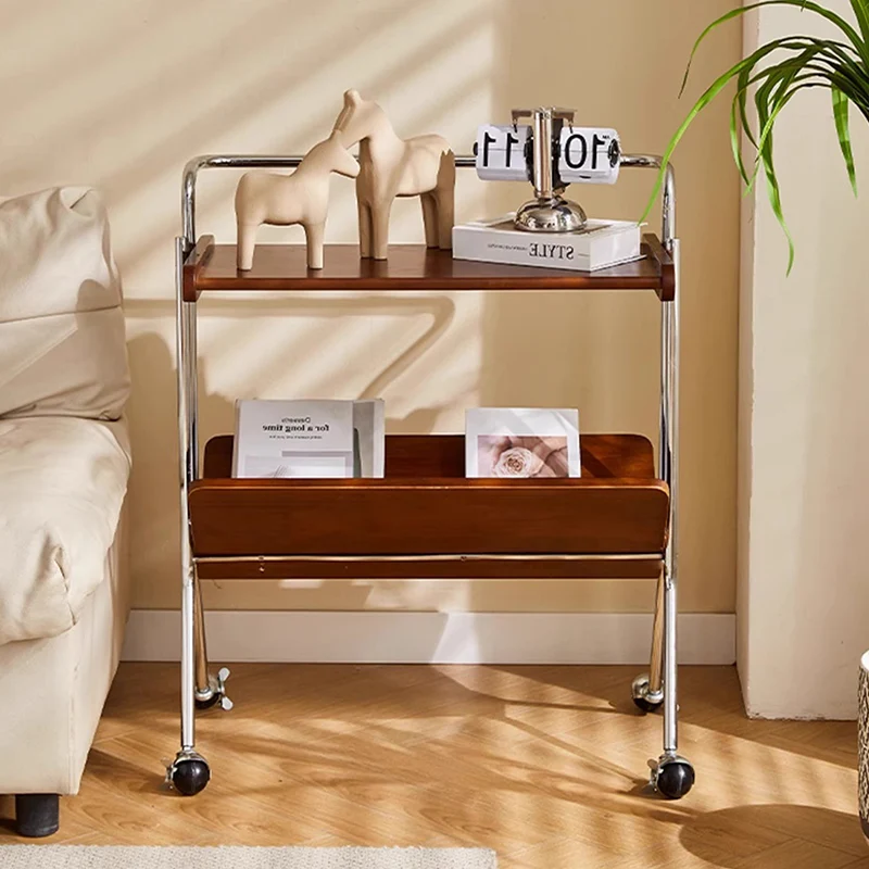 Contemporary Creative Solid Wood Stainless Steel V-Shaped Mobile Side Table 2-Tier For Living Room