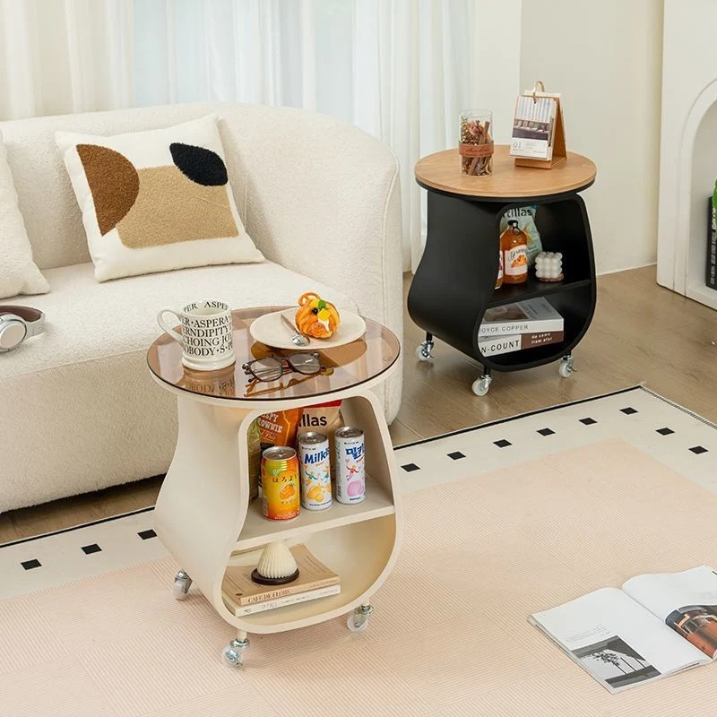 Contemporary Creative Glass MDF Iron Irregular Oval Mobile Side Table 3-Tier For Living Room