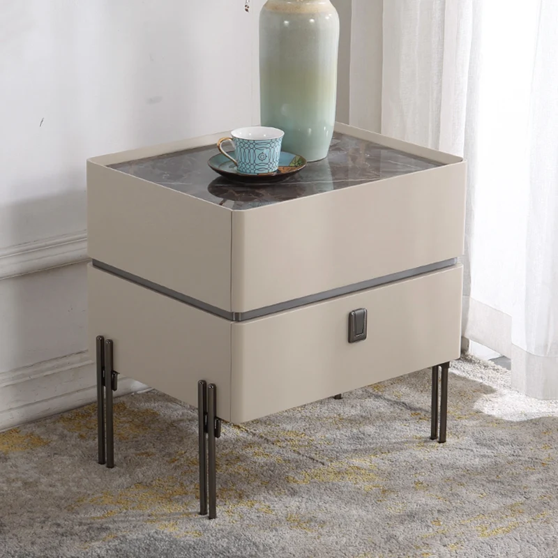 Contemporary Nordic Sintered Stone Bedside Table - 2 Drawers Alloy Legs Nightstand For Bedroom