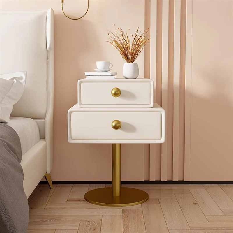 Modern Minimalist Rectangular Solid Wood Carbon Steel Microfiber Leather Iron Nightstand 2-Drawer For Bedroom