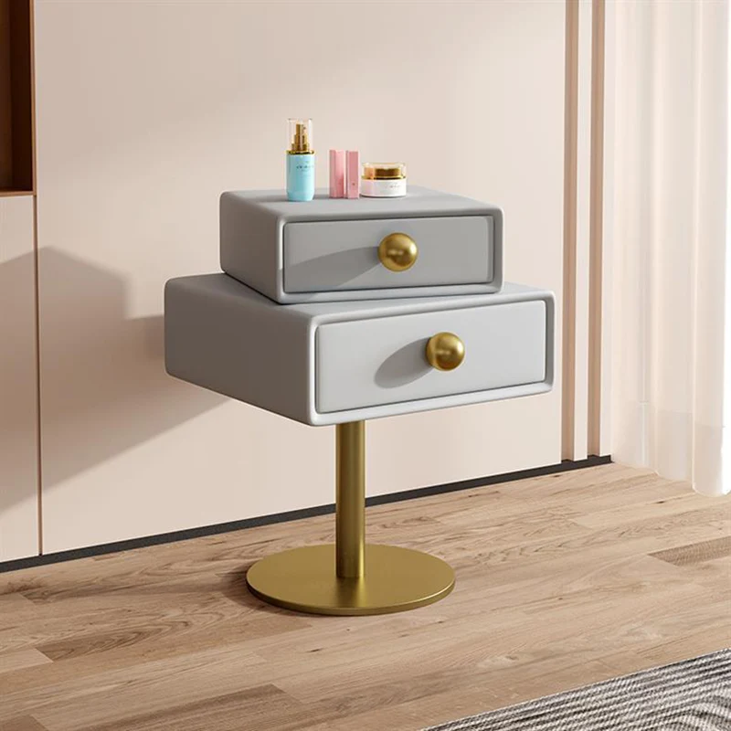 Modern Minimalist Rectangular Solid Wood Carbon Steel Microfiber Leather Iron Nightstand 2-Drawer For Bedroom