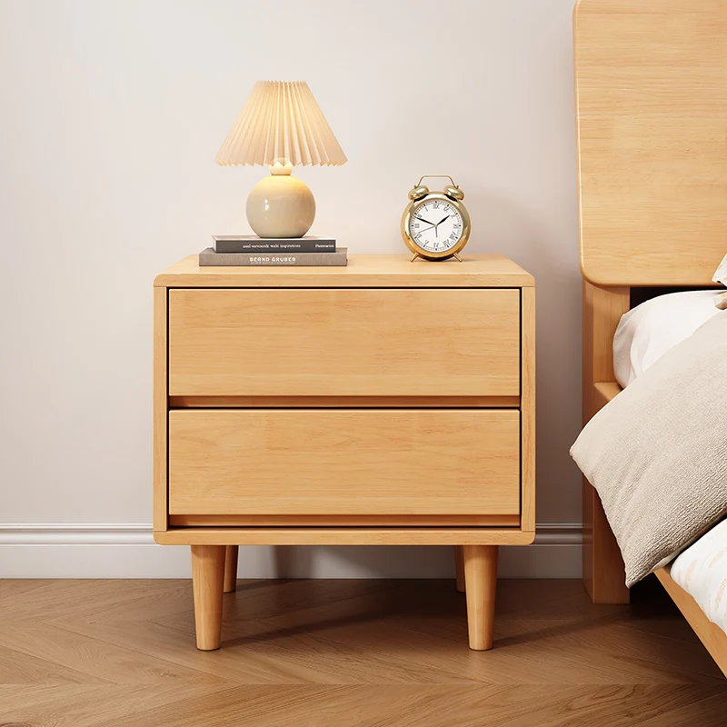 Modern Minimalist Solid Wood & Plywood Rectangular Nightstand 2-Drawer For Bedroom
