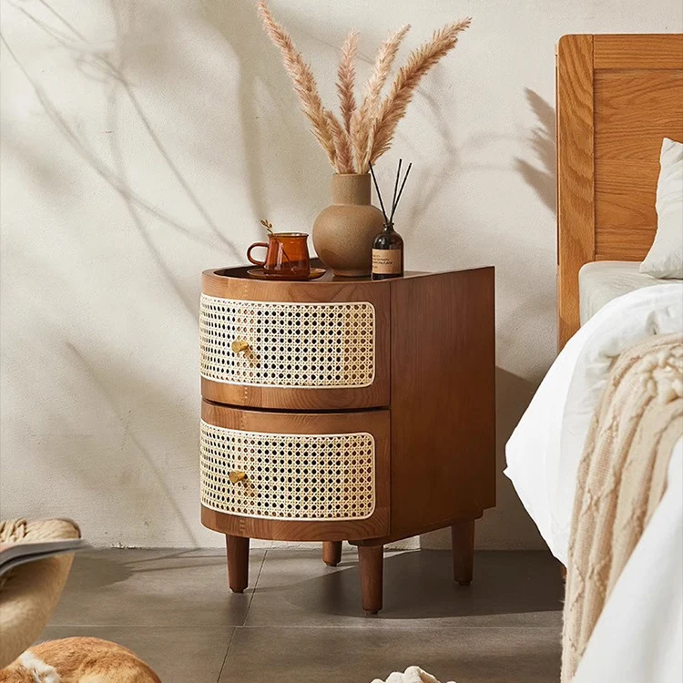 Traditional Vintage Curved Semicircle Plywood Rattan Weaving Nightstand 2-Drawer For Bedroom