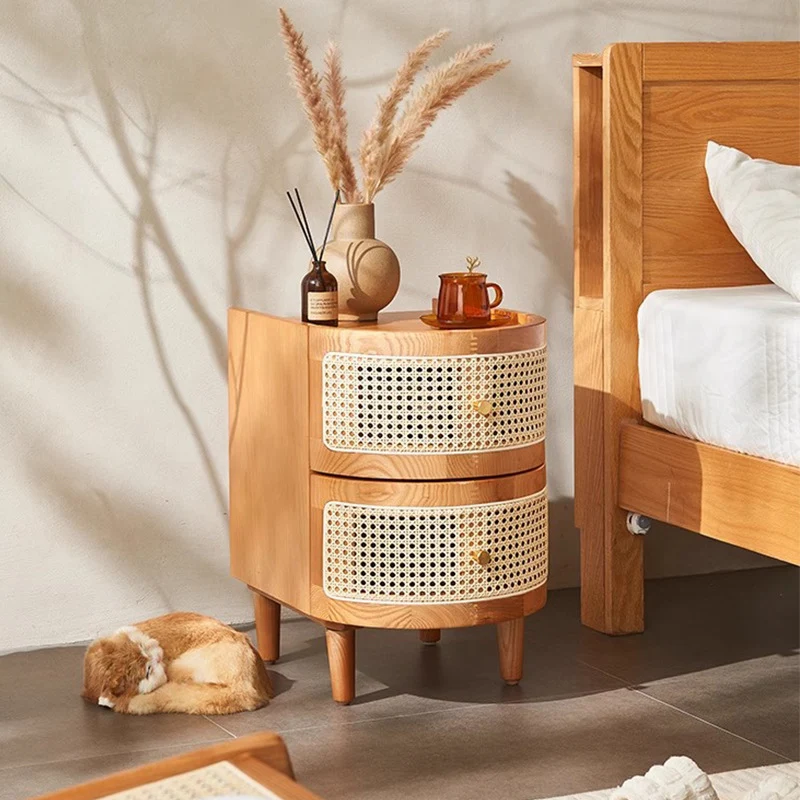 Traditional Vintage Curved Semicircle Plywood Rattan Weaving Nightstand 2-Drawer For Bedroom
