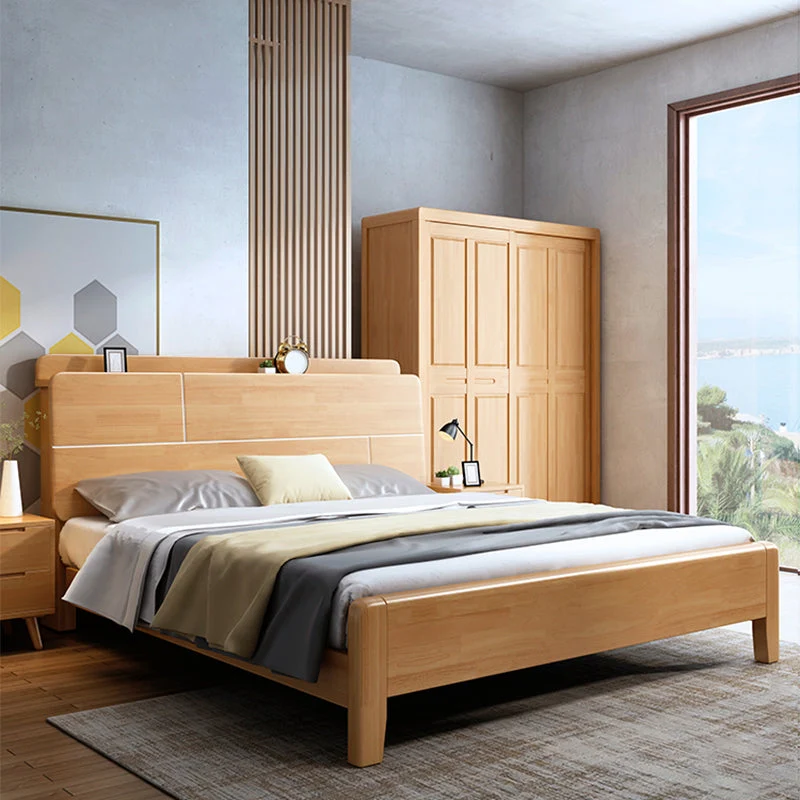 Scandinavian Solid Wood Bed with Headboard 39.37" Tall Standard Bed