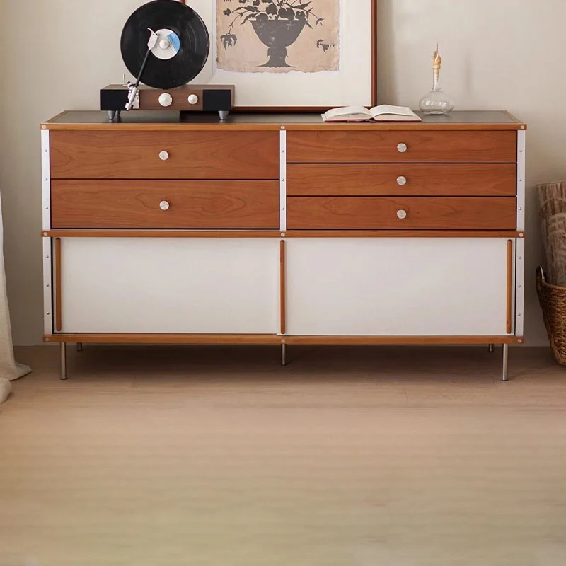 Traditional Vintage Rectangular Stone Slab Pine Wood Storage Sideboard 5-Drawer 1-Cabinet For Dining Room